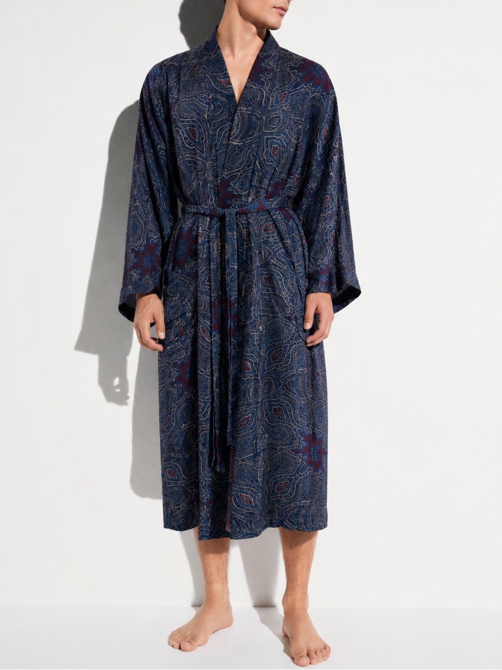 Christian Dior Monsieur Silk Paisley Robe Blue Burgundy Pockets One Size
